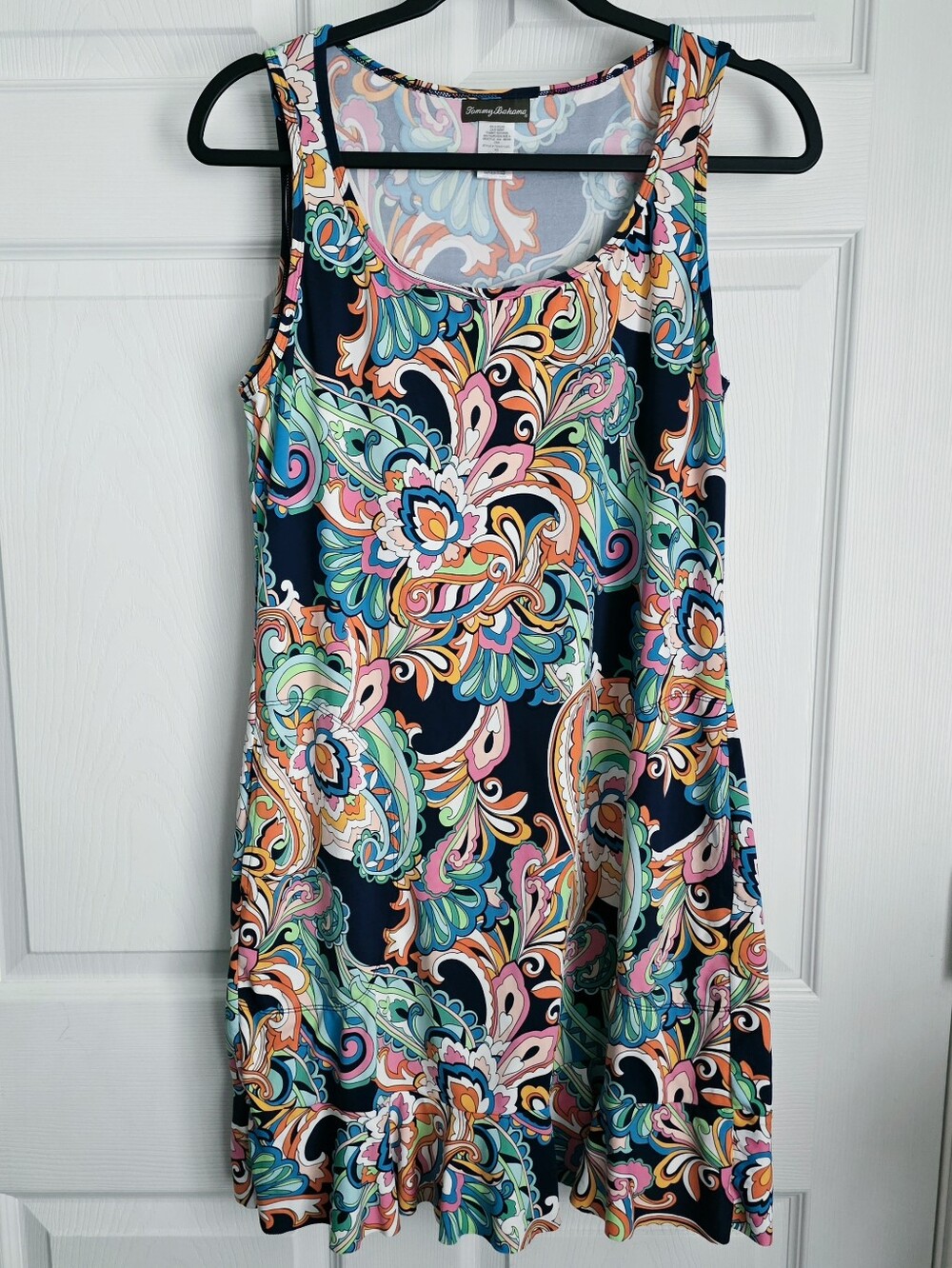Tommy Bahama Navy Paisley Ruffle Hem Dress S Nylon Spandex Pockets Resort